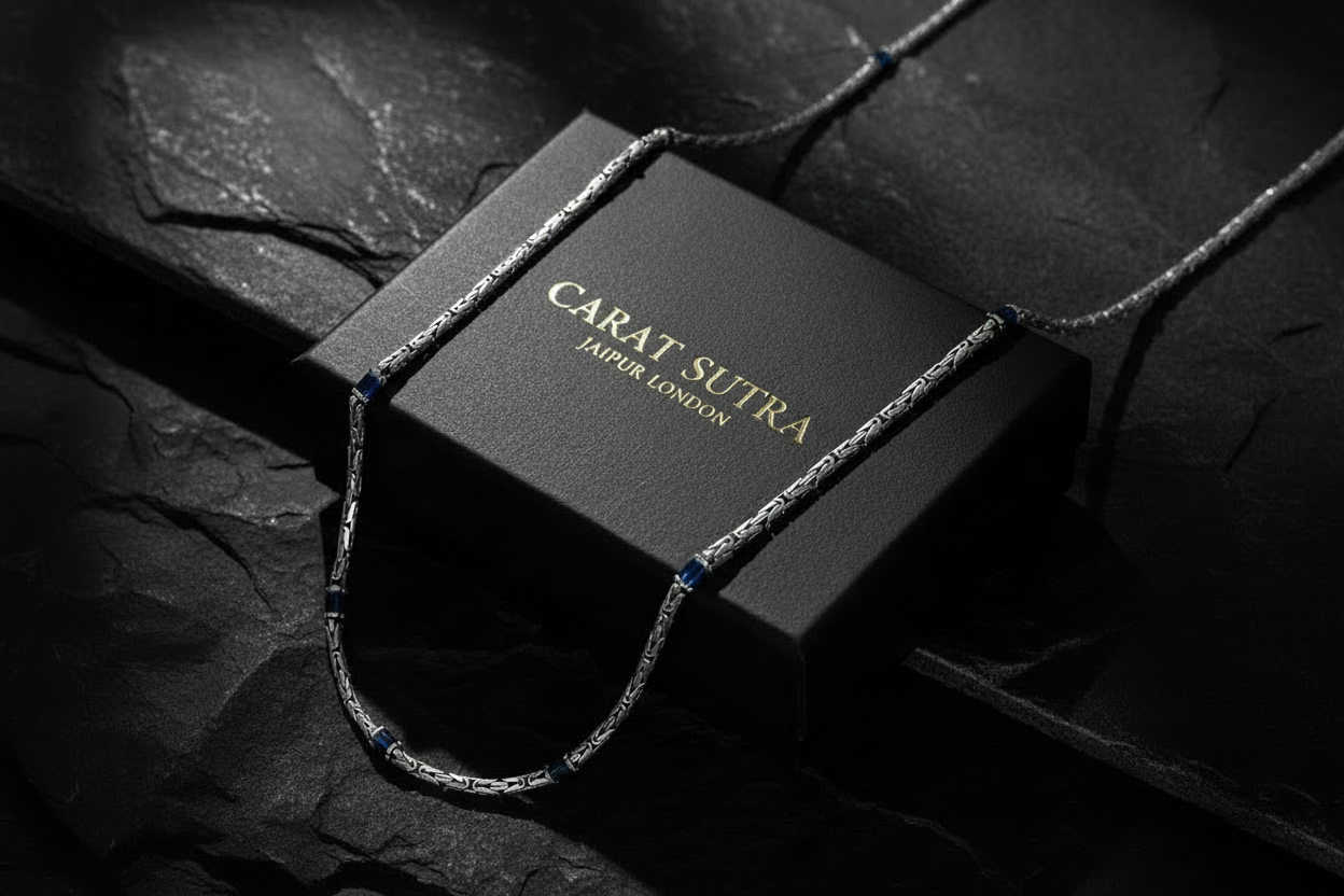 Solid 4mm Byzantine Link Chain, studded with Blue Zircon baguette cut | 925 Sterling Silver Chain | With Certificate of Authenticity and 925 Hallmark - caratsutra
