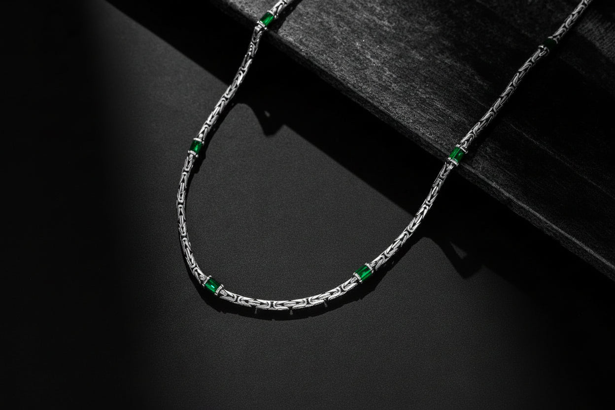 Solid 4mm Byzantine Link Chain, studded with Green Zircon baguette cut | 925 Sterling Silver Chain | With Certificate of Authenticity and 925 Hallmark - caratsutra