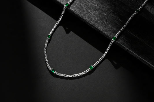 Solid 4mm Byzantine Link Chain, studded with Green Zircon baguette cut | 925 Sterling Silver Chain | With Certificate of Authenticity and 925 Hallmark - caratsutra