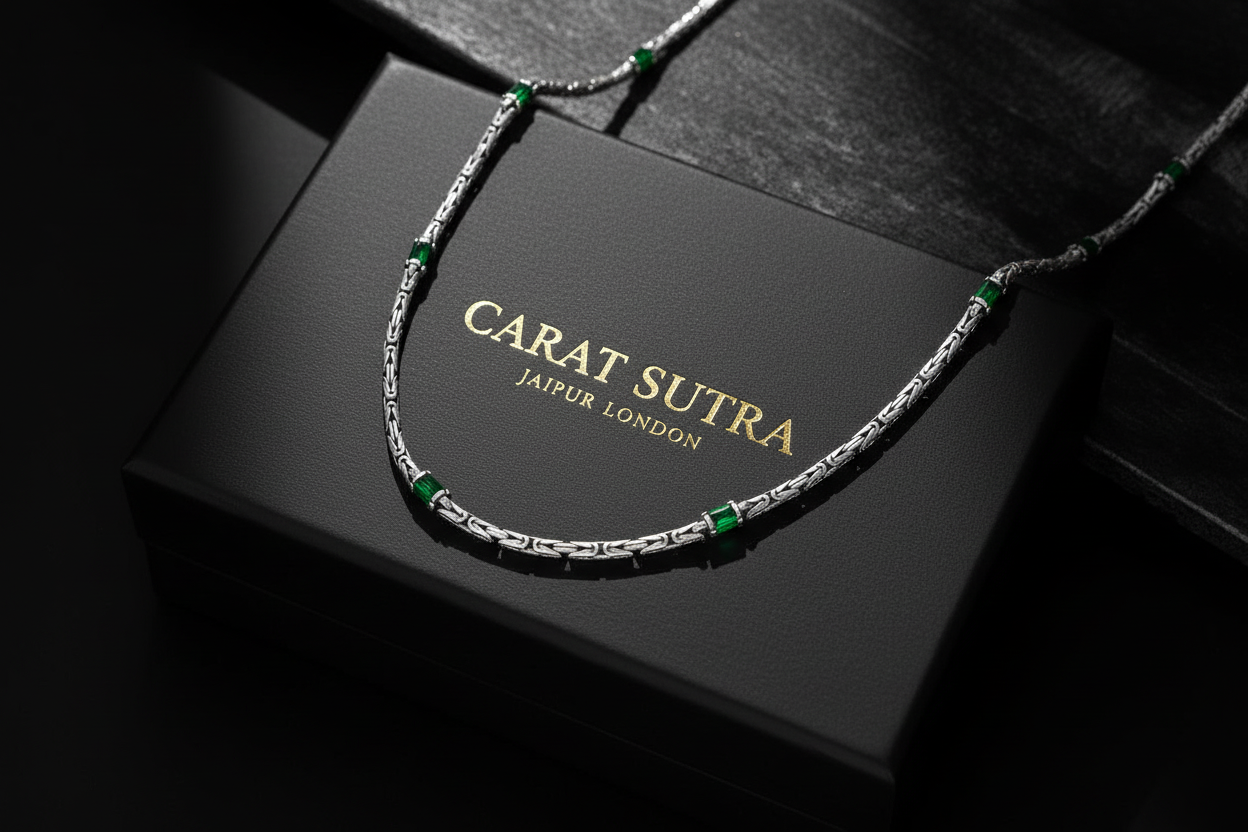 Solid 4mm Byzantine Link Chain, studded with Green Zircon baguette cut | 925 Sterling Silver Chain | With Certificate of Authenticity and 925 Hallmark - caratsutra