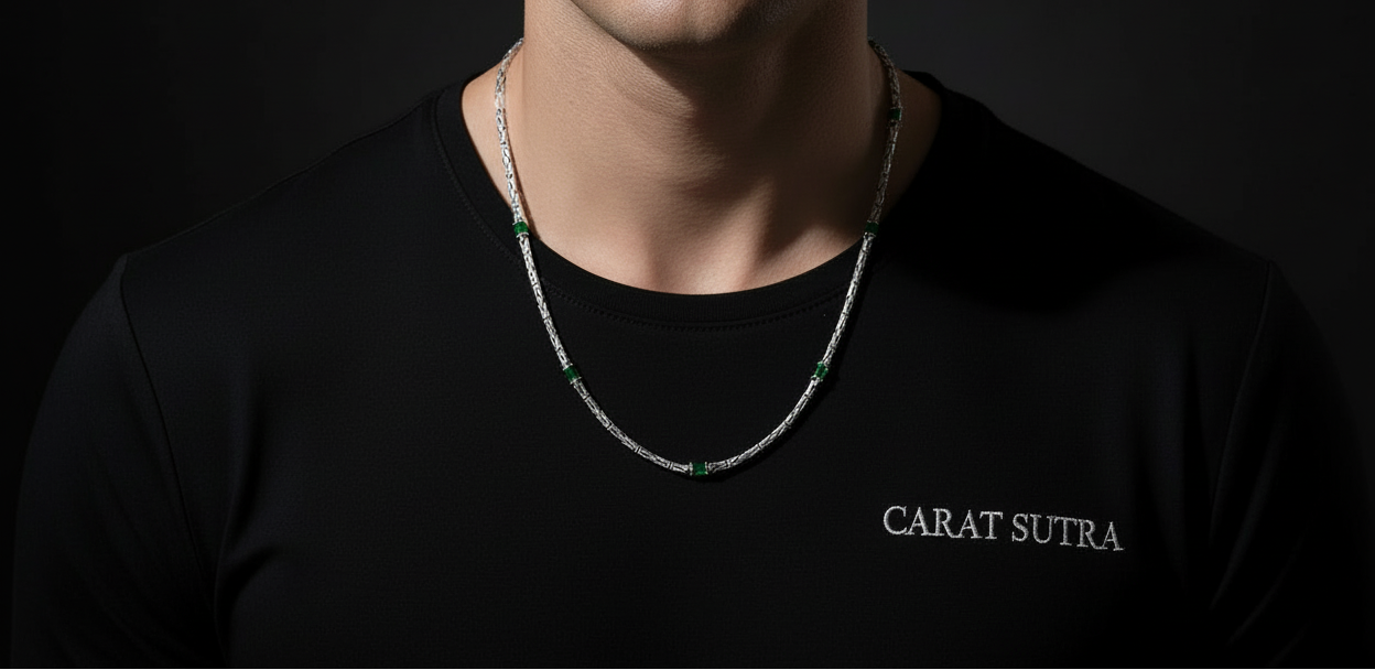 Solid 4mm Byzantine Link Chain, studded with Green Zircon baguette cut | 925 Sterling Silver Chain | With Certificate of Authenticity and 925 Hallmark - caratsutra