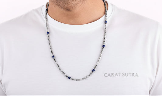 Solid 4mm Byzantine Link Chain, studded with Blue Zircon baguette cut | 925 Sterling Silver Chain | With Certificate of Authenticity and 925 Hallmark - caratsutra
