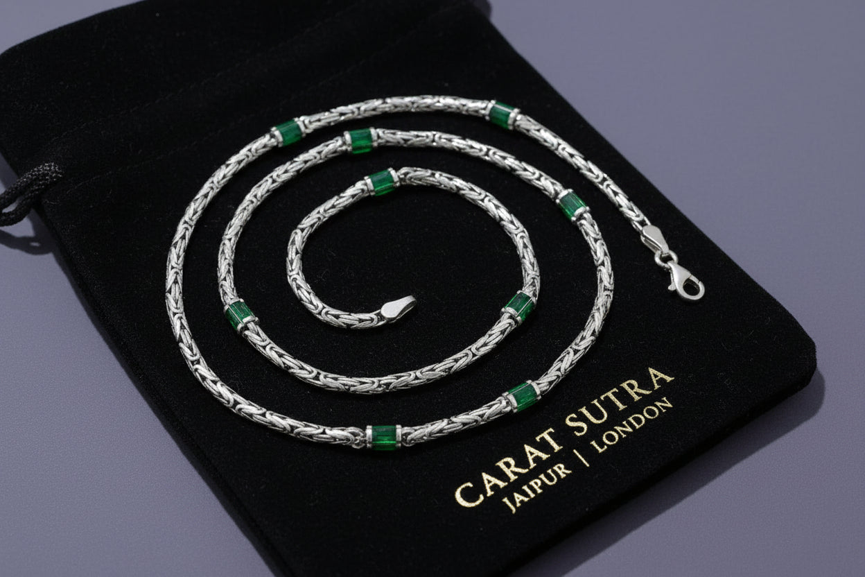Solid 4mm Byzantine Link Chain, studded with Green Zircon baguette cut | 925 Sterling Silver Chain | With Certificate of Authenticity and 925 Hallmark - caratsutra