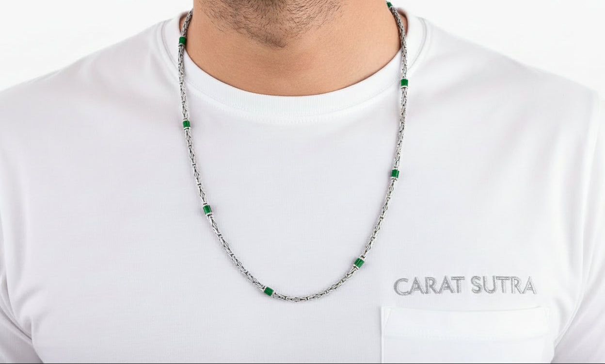 Solid 4mm Byzantine Link Chain, studded with Green Zircon baguette cut | 925 Sterling Silver Chain | With Certificate of Authenticity and 925 Hallmark - caratsutra