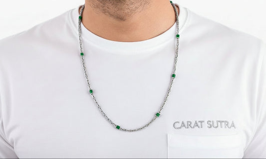 Solid 4mm Byzantine Link Chain, studded with Green Zircon baguette cut | 925 Sterling Silver Chain | With Certificate of Authenticity and 925 Hallmark - caratsutra