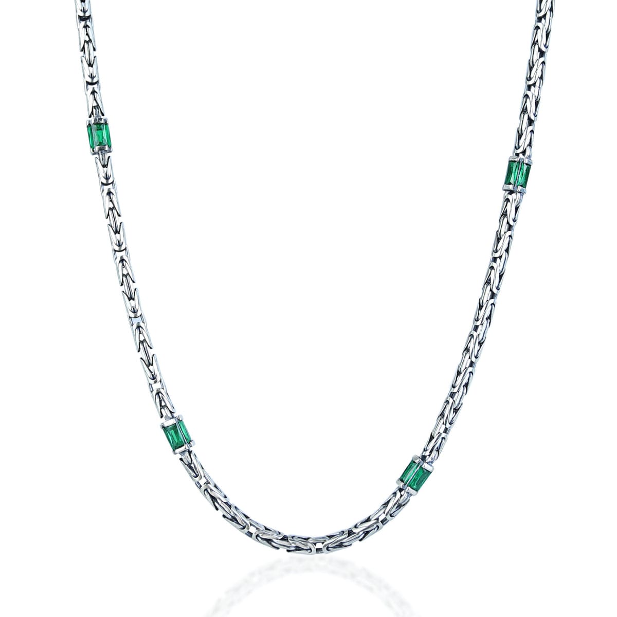 Solid 6mm Byzantine Link Chain, studded with Green Zircon baguette cut | 925 Sterling Silver Chain | With Certificate of Authenticity and 925 Hallmark - caratsutra