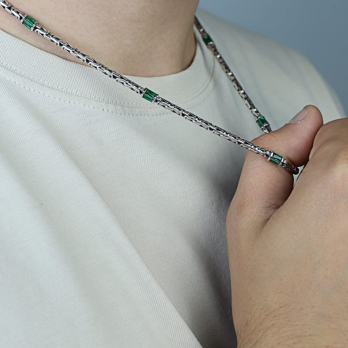 Solid 6mm Byzantine Link Chain, studded with Green Zircon baguette cut | 925 Sterling Silver Chain | With Certificate of Authenticity and 925 Hallmark - caratsutra