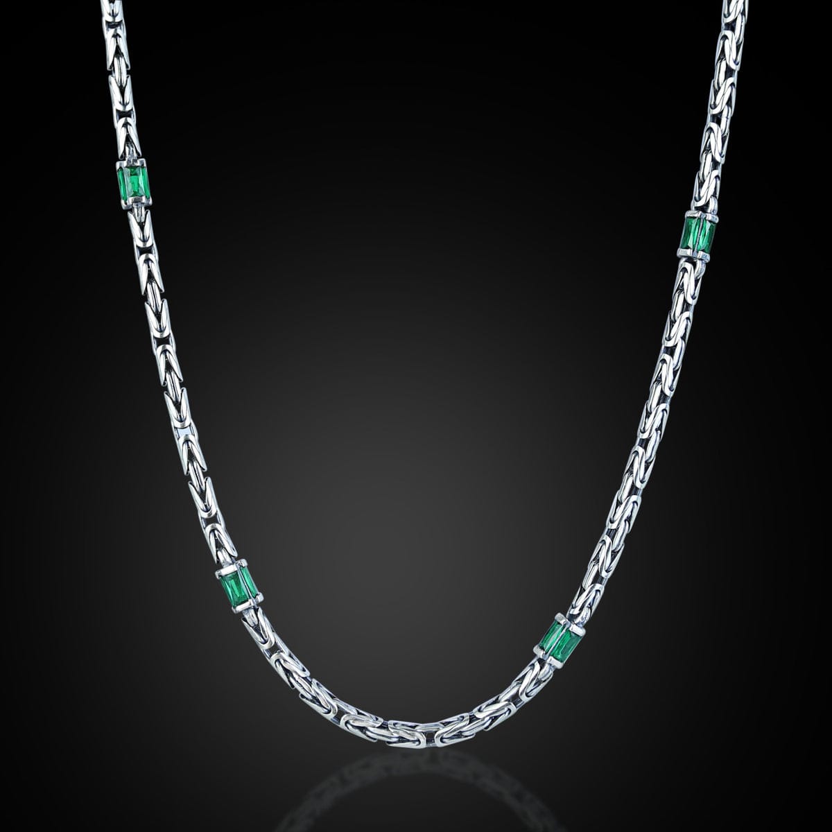 Solid 6mm Byzantine Link Chain, studded with Green Zircon baguette cut | 925 Sterling Silver Chain | With Certificate of Authenticity and 925 Hallmark - caratsutra