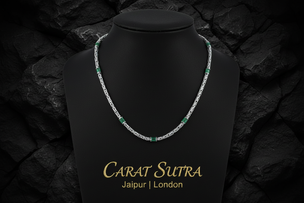 Solid 6mm Byzantine Link Chain, studded with Green Zircon baguette cut | 925 Sterling Silver Chain | With Certificate of Authenticity and 925 Hallmark - caratsutra