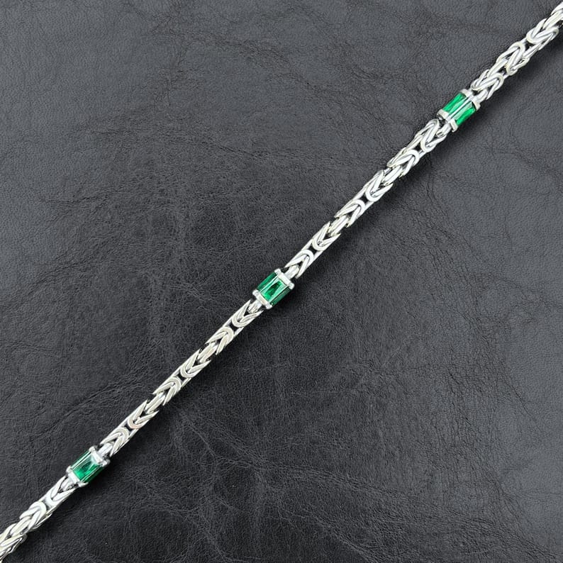 Solid 8mm Byzantine Link Chain, studded with Green Zircon baguette cut | 925 Sterling Silver Chain | With Certificate of Authenticity and 925 Hallmark - caratsutra