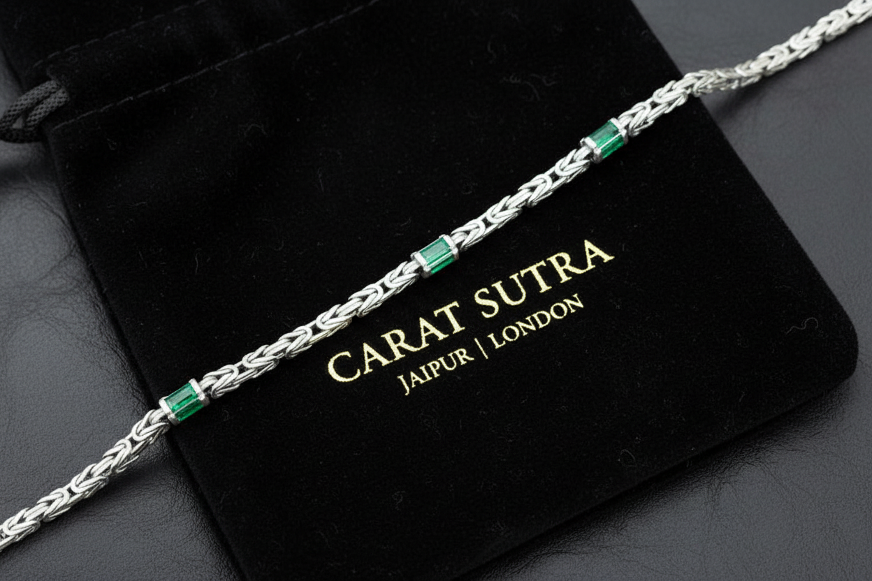 Solid 8mm Byzantine Link Chain, studded with Green Zircon baguette cut | 925 Sterling Silver Chain | With Certificate of Authenticity and 925 Hallmark - caratsutra