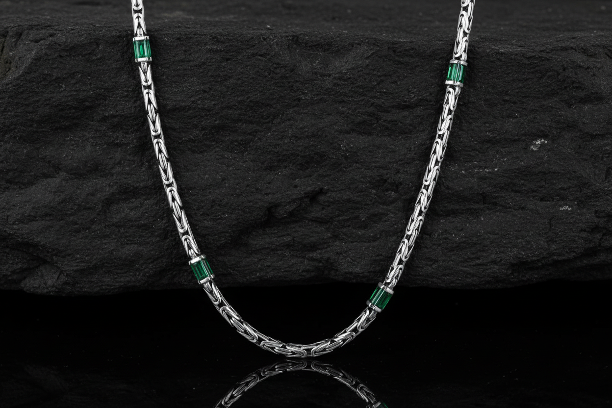 Solid 6mm Byzantine Link Chain, studded with Green Zircon baguette cut | 925 Sterling Silver Chain | With Certificate of Authenticity and 925 Hallmark - caratsutra
