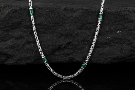 Solid 6mm Byzantine Link Chain, studded with Green Zircon baguette cut | 925 Sterling Silver Chain | With Certificate of Authenticity and 925 Hallmark - caratsutra