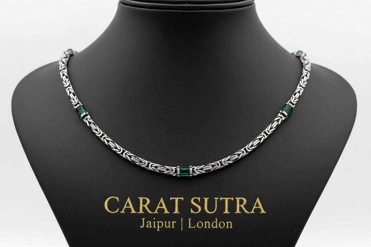 Solid 8mm Byzantine Link Chain, studded with Green Zircon baguette cut | 925 Sterling Silver Chain | With Certificate of Authenticity and 925 Hallmark - caratsutra