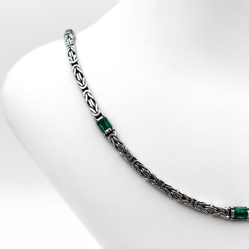 Solid 8mm Byzantine Link Chain, studded with Green Zircon baguette cut | 925 Sterling Silver Chain | With Certificate of Authenticity and 925 Hallmark - caratsutra