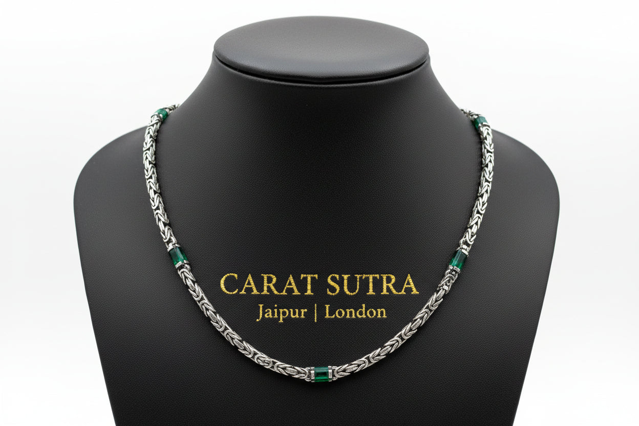Solid 8mm Byzantine Link Chain, studded with Green Zircon baguette cut | 925 Sterling Silver Chain | With Certificate of Authenticity and 925 Hallmark - caratsutra