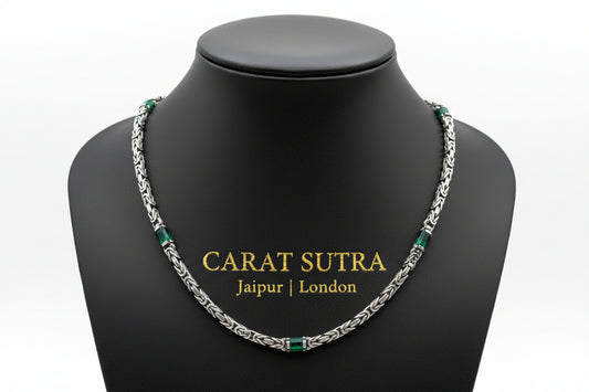 Solid 8mm Byzantine Link Chain, studded with Green Zircon baguette cut | 925 Sterling Silver Chain | With Certificate of Authenticity and 925 Hallmark - caratsutra