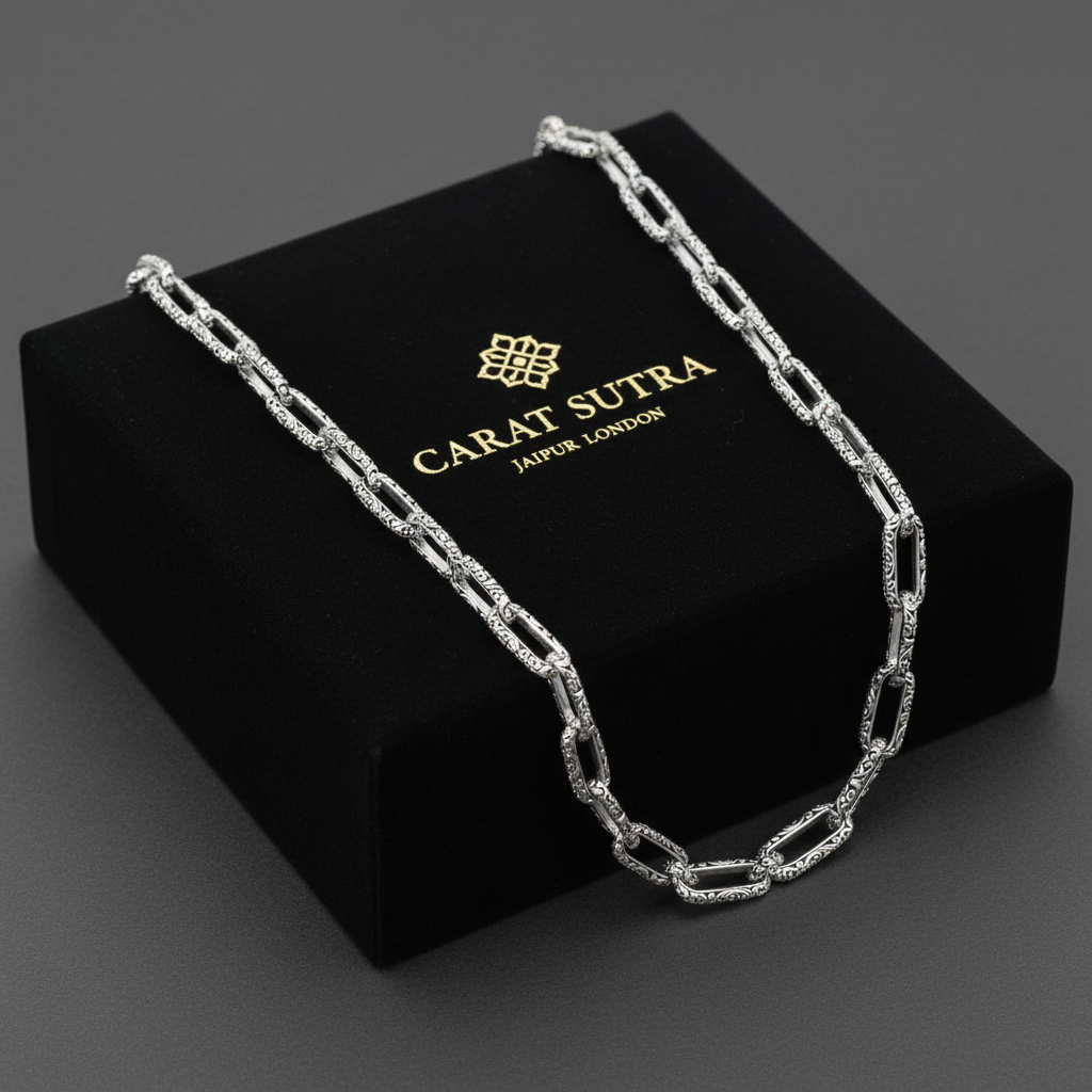 8mm wide Unique Heracles Engraved Box type Handmade Chain | 925 Sterling Silver Chain | With Certificate of Authenticity and 925 Hallmark - caratsutra