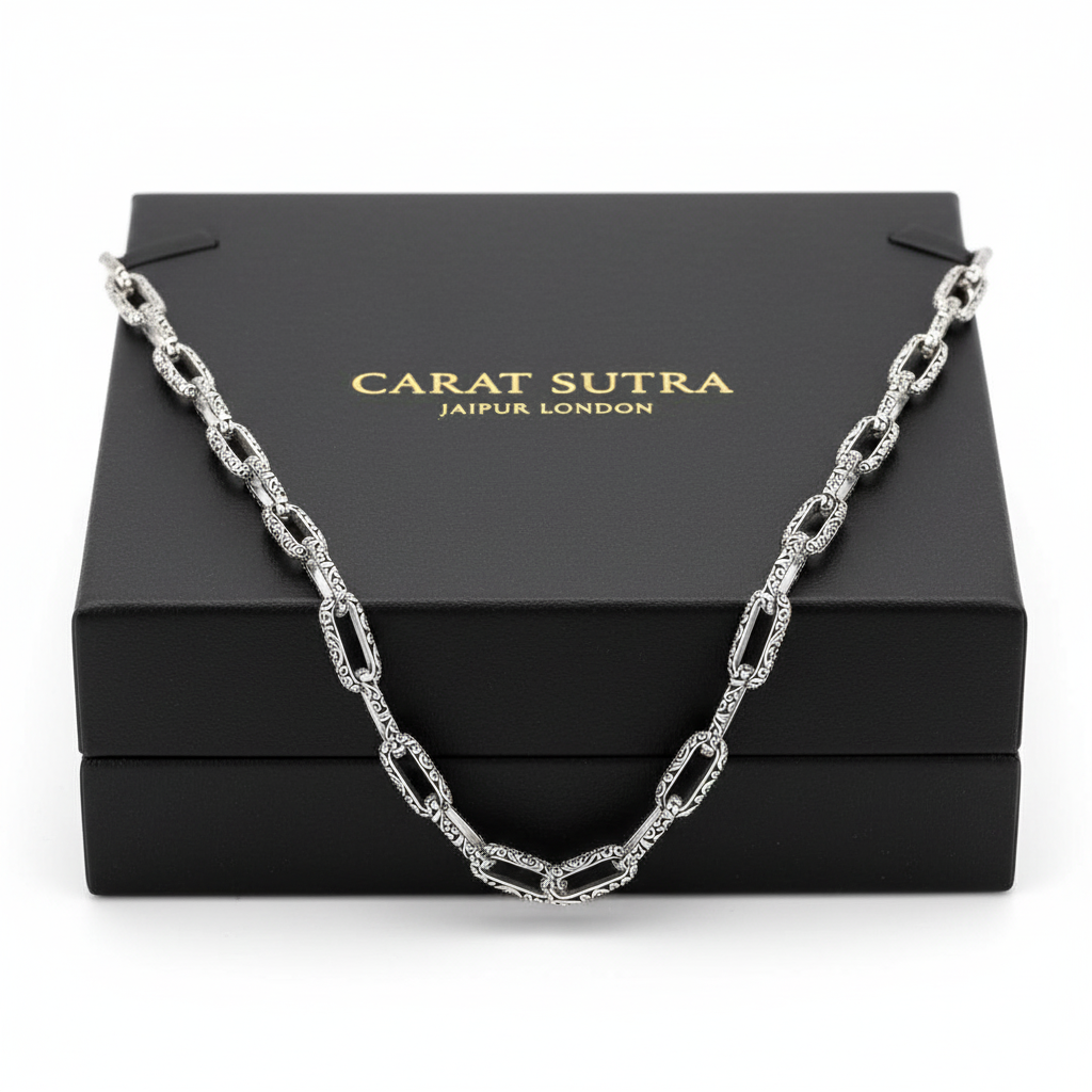 8mm wide Unique Heracles Engraved Box type Handmade Chain | 925 Sterling Silver Chain | With Certificate of Authenticity and 925 Hallmark - caratsutra