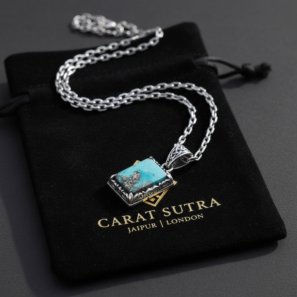 15ct Natural Irani Turquoise, 925 Sterling Silver Pendant | With Certificate of Authenticity and 925 Hallmark - caratsutra