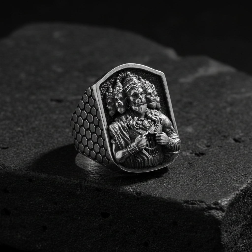 Panchmukhi Hanuman Ji Ring | 925 Sterling Silver Oxidized Ring | With Certificate of Authenticity and 925 Hallmark