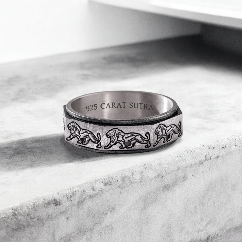 Unique Designed Lion Engraved Band Ring | 925 Sterling Silver Oxidized Ring | With Certificate of Authenticity and 925 Hallmark - caratsutra