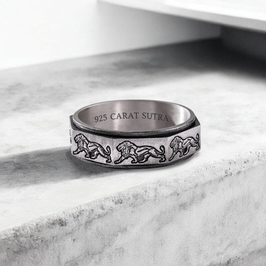 Unique Designed Lion Engraved Band Ring | 925 Sterling Silver Oxidized Ring | With Certificate of Authenticity and 925 Hallmark - caratsutra