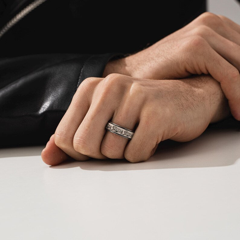 Unique Designed Lion Engraved Band Ring | 925 Sterling Silver Oxidized Ring | With Certificate of Authenticity and 925 Hallmark - caratsutra