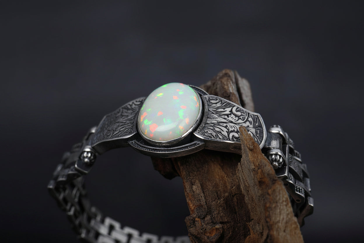 Unique Style 15ct  Natural Australian Opal Bracelet | 925 Sterling Silver Oxidized Bracelet | With Certificate of Authenticity and 925 Hallmark - caratsutra