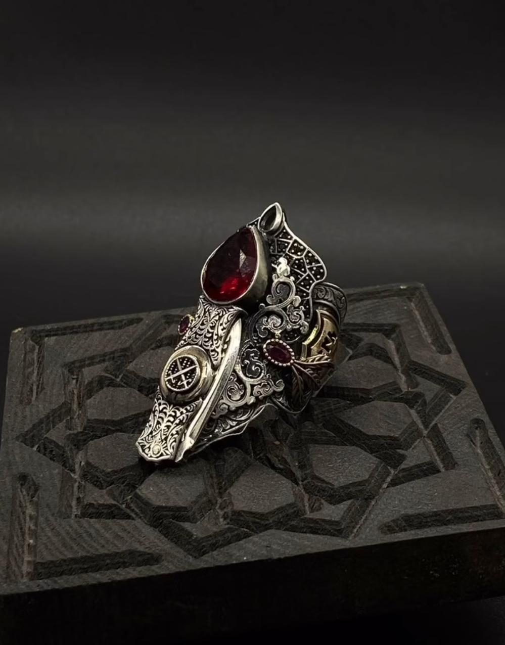 35g, Zulfiqar Sword Ring studded with Red Zircon stone  | 925 Sterling Silver Oxidized Ring | With Certificate of Authenticity and 925 Hallmark - caratsutra