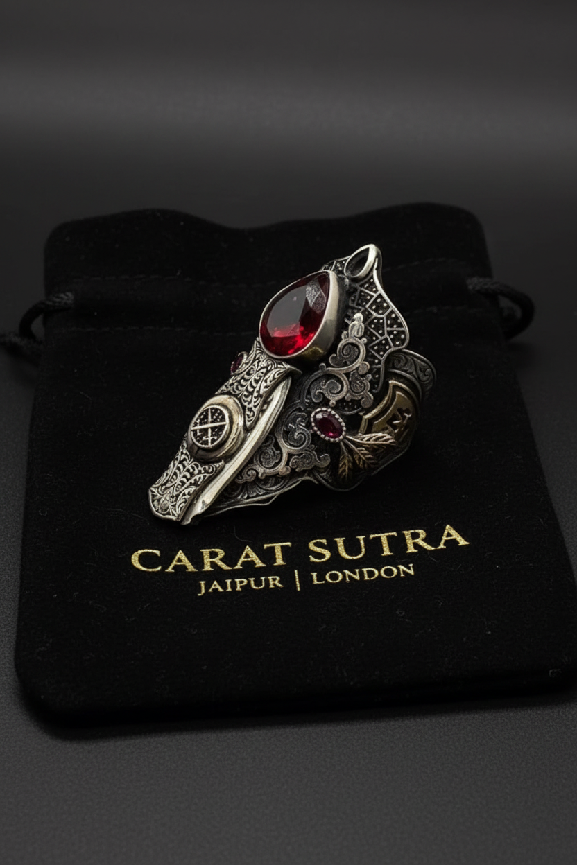 35g, Zulfiqar Sword Ring studded with Red Zircon stone  | 925 Sterling Silver Oxidized Ring | With Certificate of Authenticity and 925 Hallmark - caratsutra