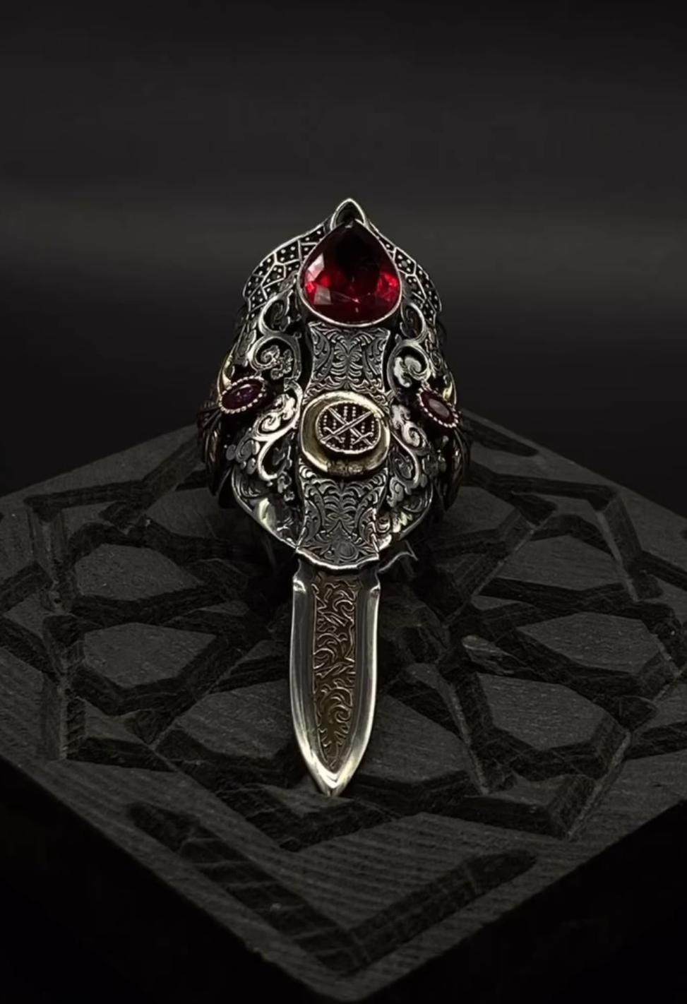 35g, Zulfiqar Sword Ring studded with Red Zircon stone  | 925 Sterling Silver Oxidized Ring | With Certificate of Authenticity and 925 Hallmark - caratsutra