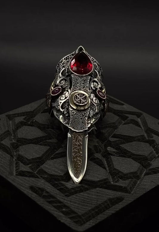 35g, Zulfiqar Sword Ring studded with Red Zircon stone  | 925 Sterling Silver Oxidized Ring | With Certificate of Authenticity and 925 Hallmark - caratsutra