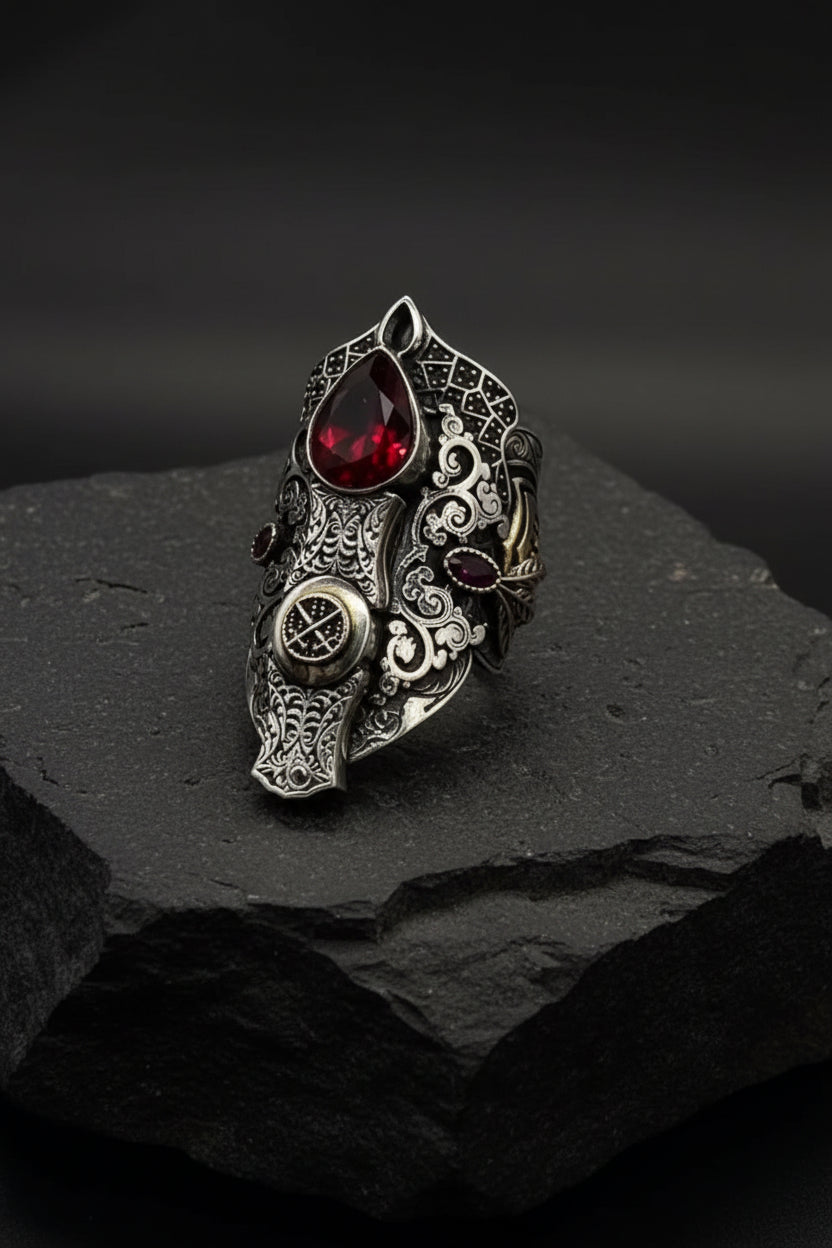 35g, Zulfiqar Sword Ring studded with Red Zircon stone  | 925 Sterling Silver Oxidized Ring | With Certificate of Authenticity and 925 Hallmark - caratsutra