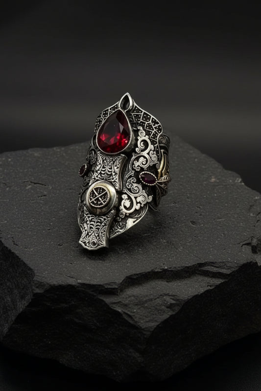 35g, Zulfiqar Sword Ring studded with Red Zircon stone  | 925 Sterling Silver Oxidized Ring | With Certificate of Authenticity and 925 Hallmark - caratsutra