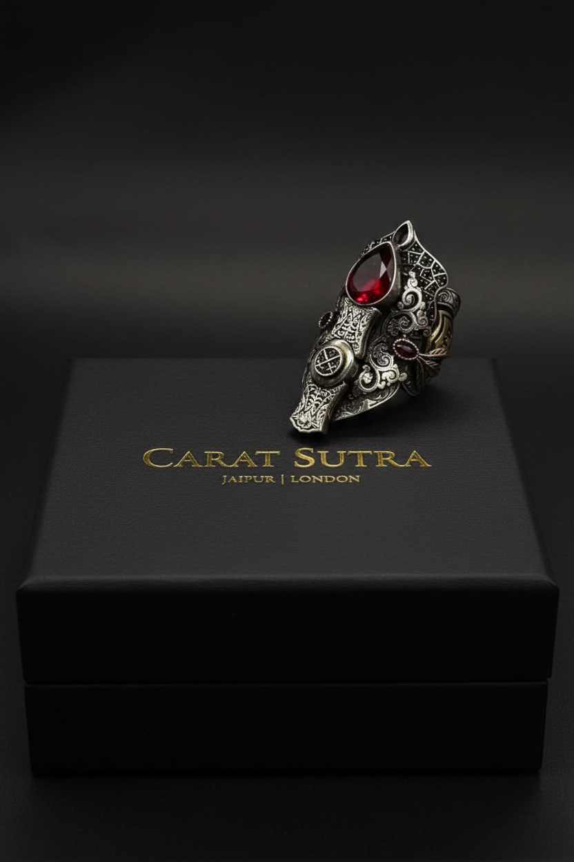 35g, Zulfiqar Sword Ring studded with Red Zircon stone  | 925 Sterling Silver Oxidized Ring | With Certificate of Authenticity and 925 Hallmark - caratsutra