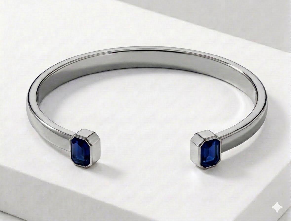 black and Blue Spinel Stone Adjustable Cuff Style Bangle/kadaa | 925 Sterling Silver Bracelet | With Certificate of Authenticity and 925 Hallmark