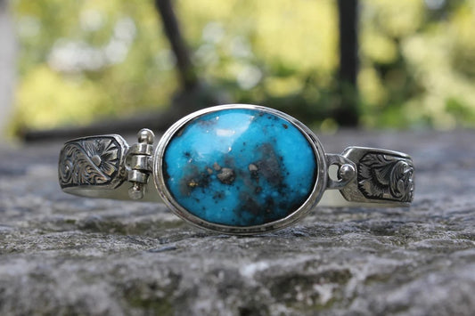 Hand-Engraved Bracelet Cuff with 35 Ct Natural Irani Turquoise | 925 Sterling Silver Bracelet | With Certificate of Authenticity and 925 Hallmark