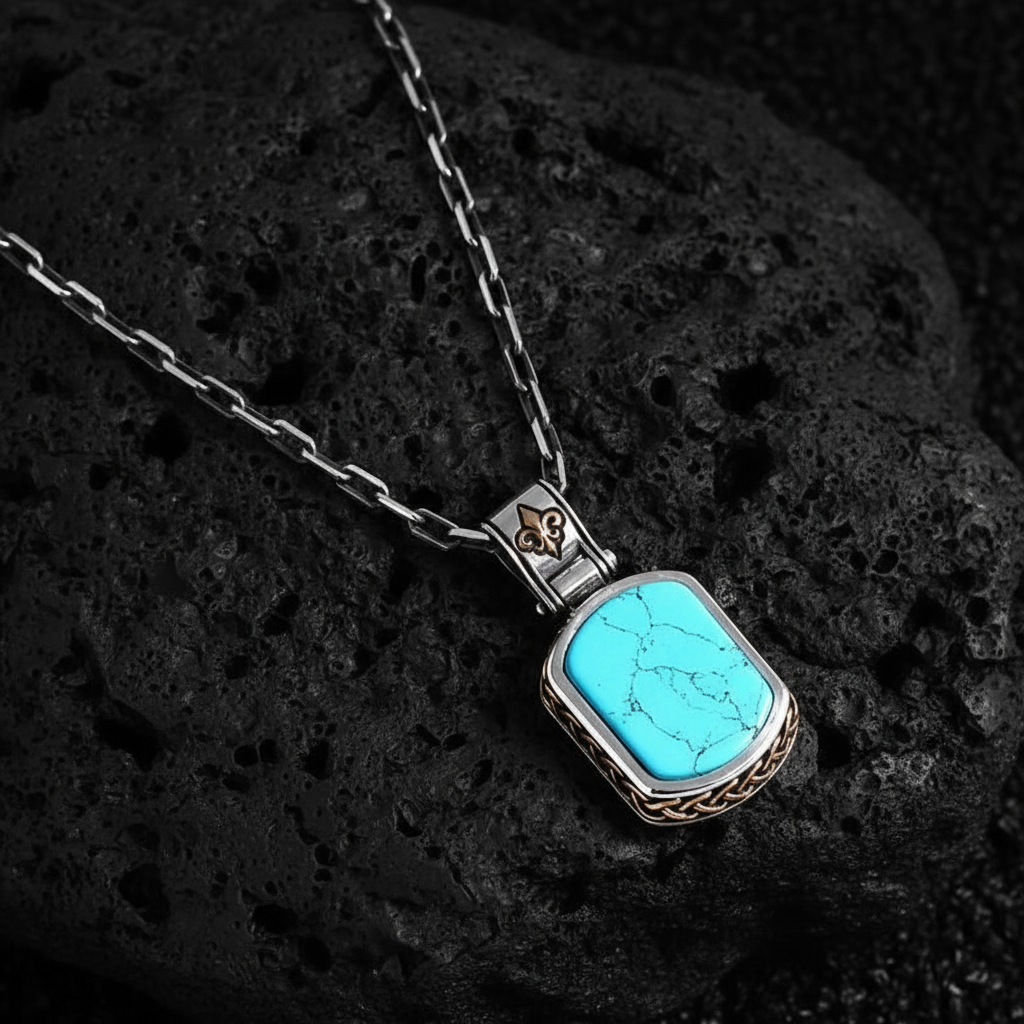 Fluer-de-Lis Designed Silver Pendant in 15ct Natural Turquoise, 925 Sterling Silver Pendant | With Certificate of Authenticity and 925 Hallmark