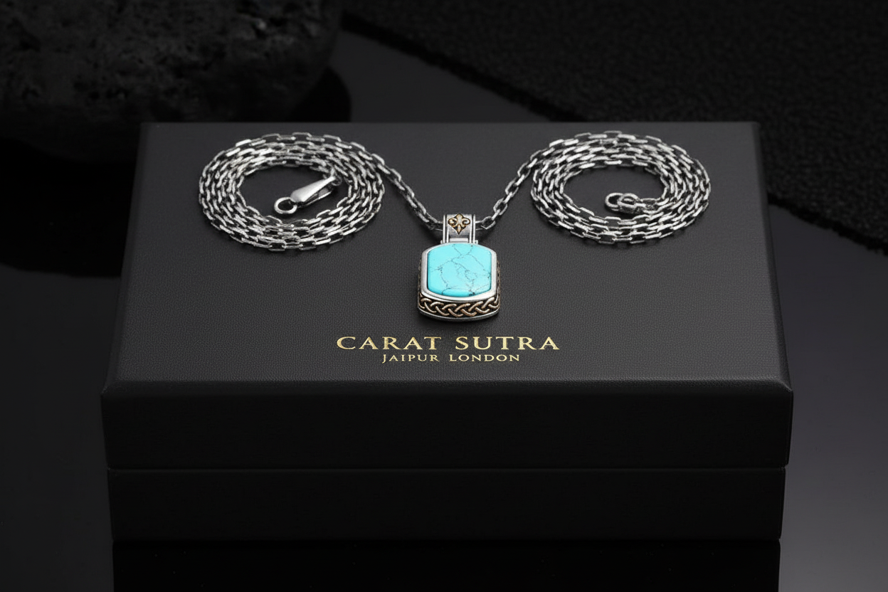 Fluer-de-Lis Designed Silver Pendant in 15ct Natural Irani Turquoise, 925 Sterling Silver Pendant | With Certificate of Authenticity and 925 Hallmark - caratsutra