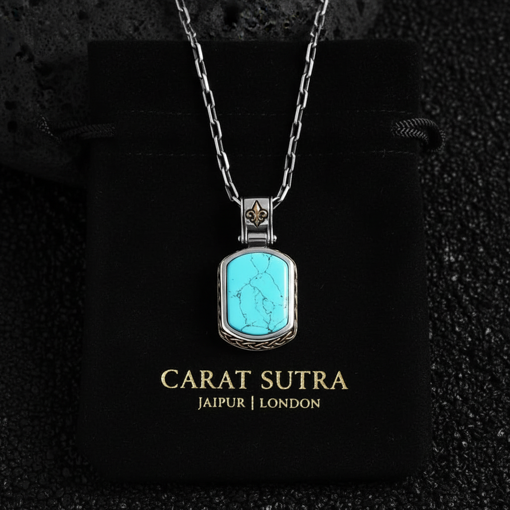Fluer-de-Lis Designed Silver Pendant in 15ct Natural Irani Turquoise, 925 Sterling Silver Pendant | With Certificate of Authenticity and 925 Hallmark - caratsutra