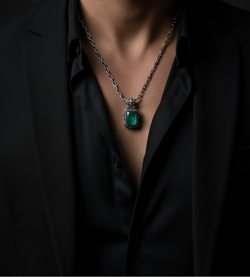 Fluer-de-Lis Designed Silver Pendant in 8.5ct Natural Zambian Emerald, 925 Sterling Silver Pendant | With Certificate of Authenticity and 925 Hallmark