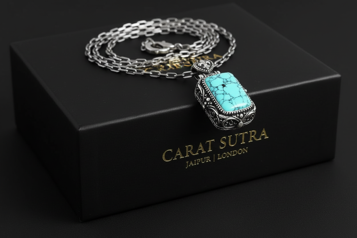 Fluer-de-Lis Designed Silver Pendant in 20ct Natural Irani Turquoise, 925 Sterling Silver Pendant | With Certificate of Authenticity and 925 Hallmark - caratsutra