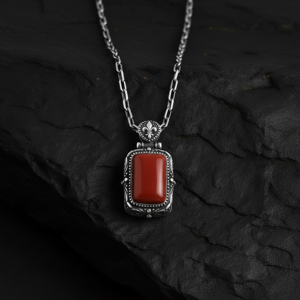 Fluer-de-Lis Designed Silver Pendant in 10 Ct Red Coral (Australian), 925 Sterling Silver Pendant | With Certificate of Authenticity and 925 Hallmark