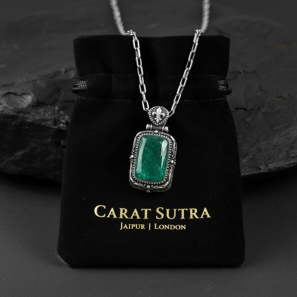 Fluer-de-Lis Designed Silver Pendant in 8.5ct Natural Zambian Emerald, 925 Sterling Silver Pendant | With Certificate of Authenticity and 925 Hallmark