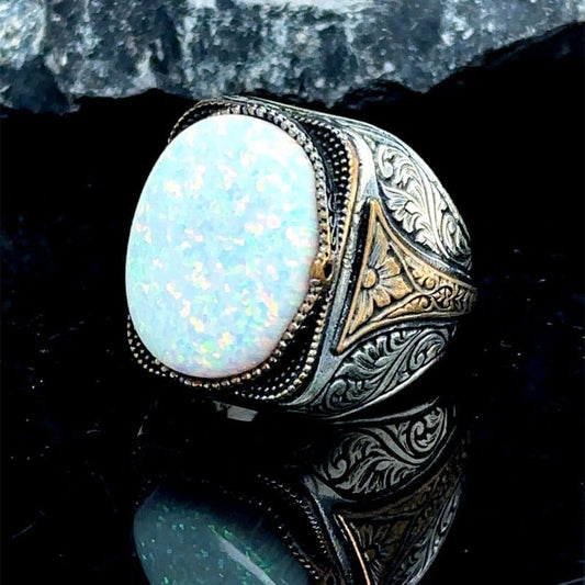 Unique Designed Turkish Style Ring with14ct Fire Australian Opal | 925 Sterling Silver Oxidized Ring | With Certificate of Authenticity and 925 Hallmark