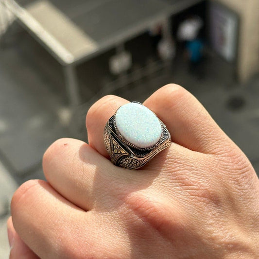 Unique Designed Turkish Style Ring with14ct Fire Australian Opal | 925 Sterling Silver Oxidized Ring | With Certificate of Authenticity and 925 Hallmark