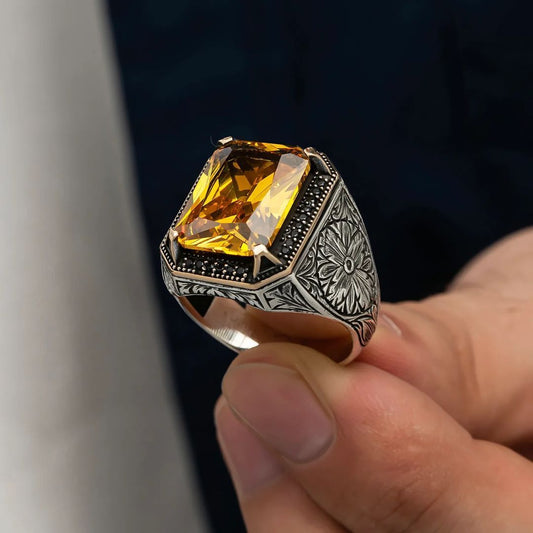 Rectangular Designed Turkish Style Ring with 13 ct Natural Yellow Citrine ,925 Sterling Silver Oxidized Ring | With Certificate of Authenticity and 925 Hallmark