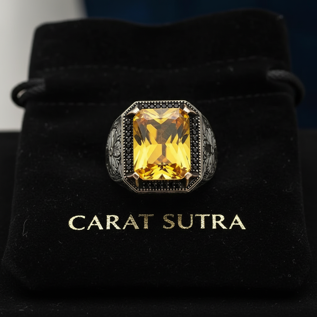 Rectangular Designed Turkish Style Ring with 13 ct Natural Yellow Citrine ,925 Sterling Silver Oxidized Ring | With Certificate of Authenticity and 925 Hallmark