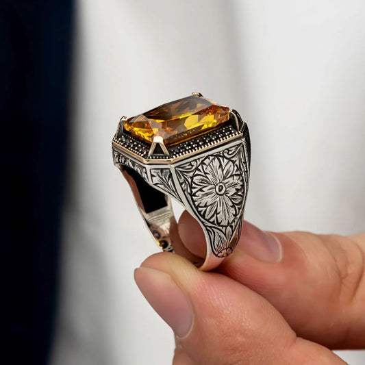 Rectangular Designed Turkish Style Ring with 13 ct Natural Yellow Citrine ,925 Sterling Silver Oxidized Ring | With Certificate of Authenticity and 925 Hallmark